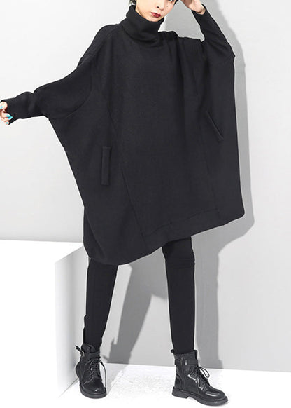 Black Turtleneck Knit Mid Dresses Batwing Sleeve Fall