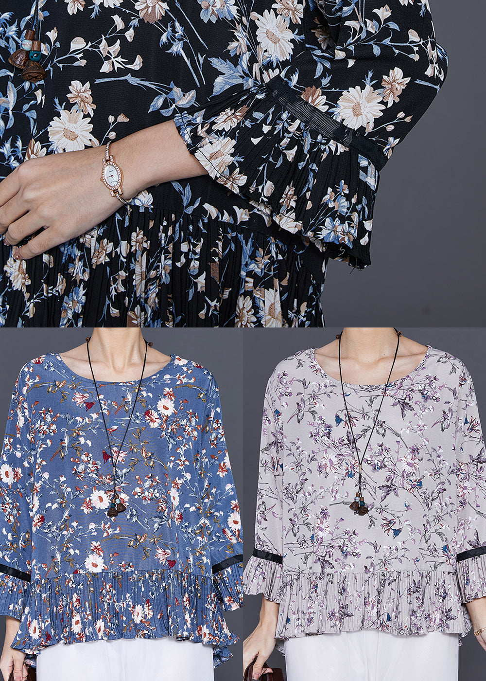 Grey Print Chiffon Shirts O-neck Ruffles Flare Sleeve