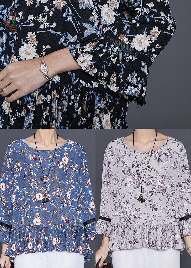 Grey Print Chiffon Shirts O-neck Ruffles Flare Sleeve
