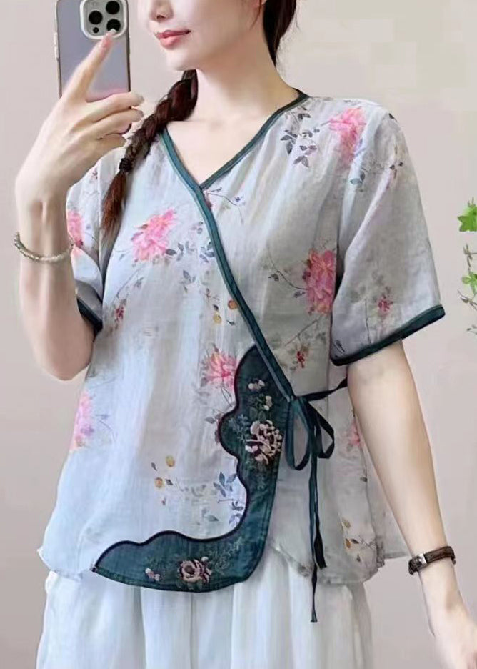 Khaki V Neck Print Lace Up Patchwork Linen Top Summer