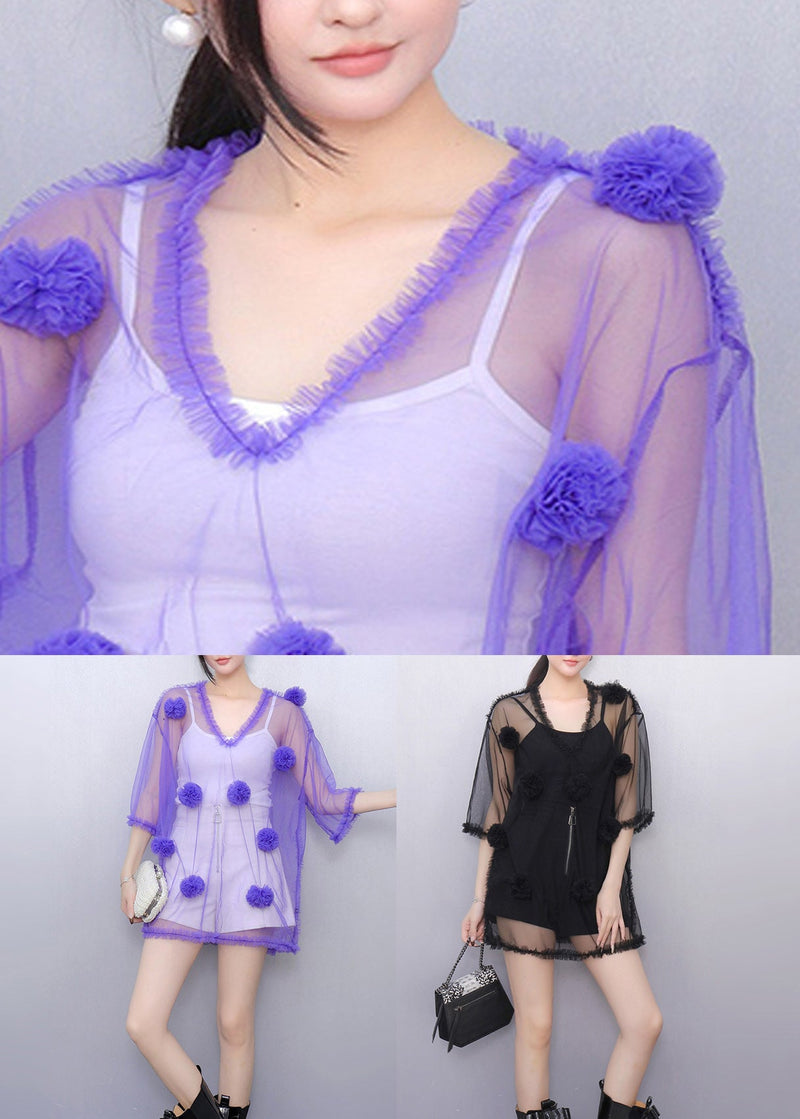 Art Purple V Neck Thin Tulle Tops Summer