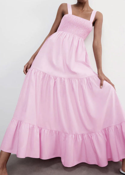 Pink Wrinkled Cotton Spaghetti Strap Dress Sleeveless