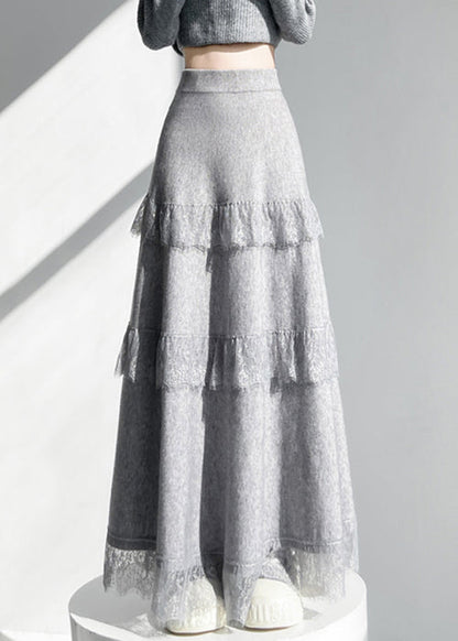 Grey Elastic Waist Lace Patchwork Knit Skirts Winter