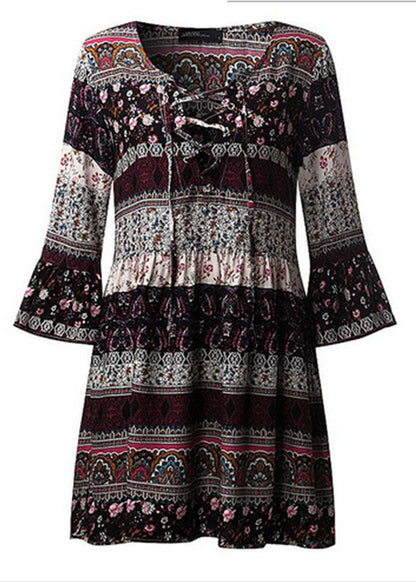 Green Print Lace Up Chiffon Vacation Mid Dresses Flare Sleeve