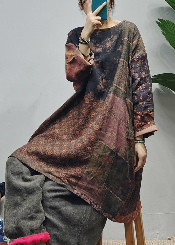 Chocolate O-neck Side Open Print Patchwork Linen Tops Long Sleeve Spring