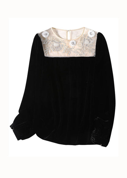 Italian Black O-neck Nail Bead Patchwork Silk Velour T Shirt Spring