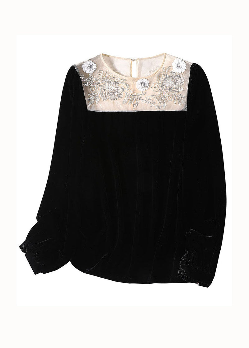 Italian Black O-neck Nail Bead Patchwork Silk Velour T Shirt Spring