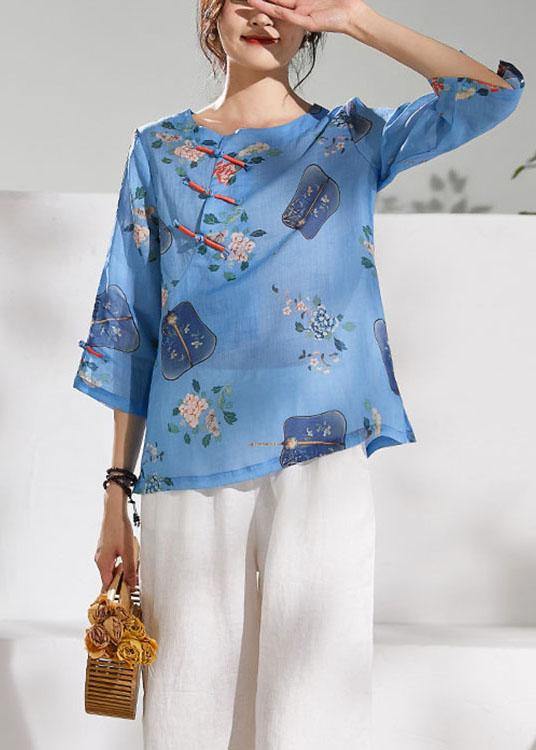 Natural Blue Print Oriental Summer Ramie Shirt