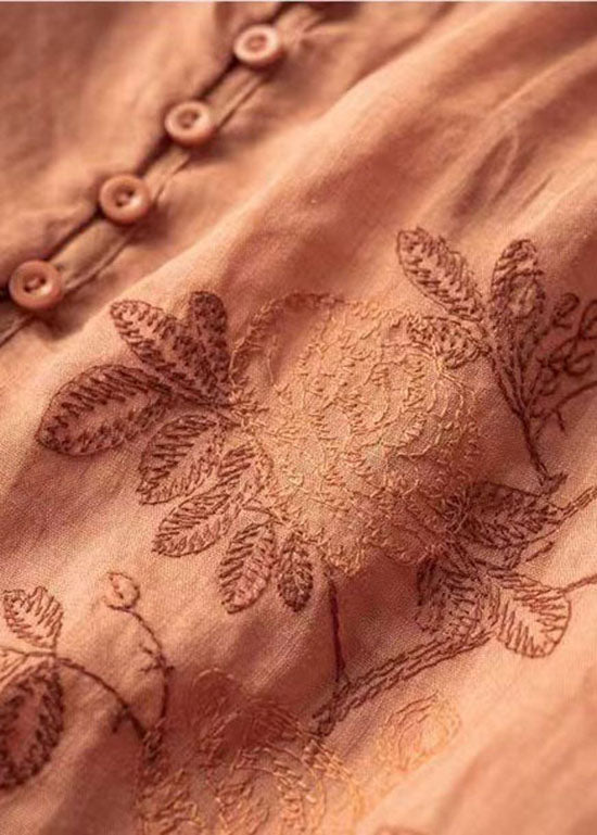 Orange Patchwork Linen T Shirt Embroideried O-neck Half Sleeve