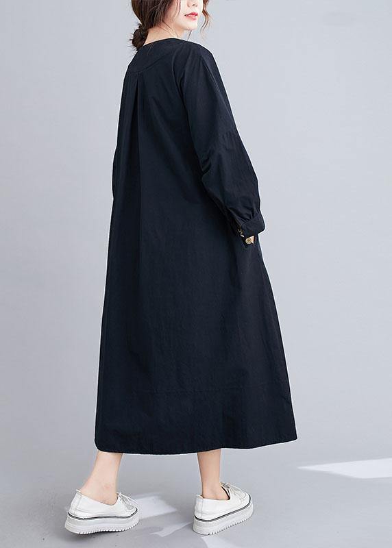 Black Slim Fit V Neck Pockets Fall Long Dresses Long Sleeve