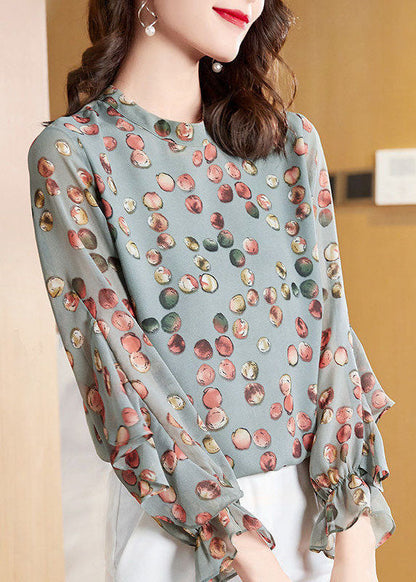 Light Green O-neck Asymmetrical Print Chiffon Shirt Top Spring
