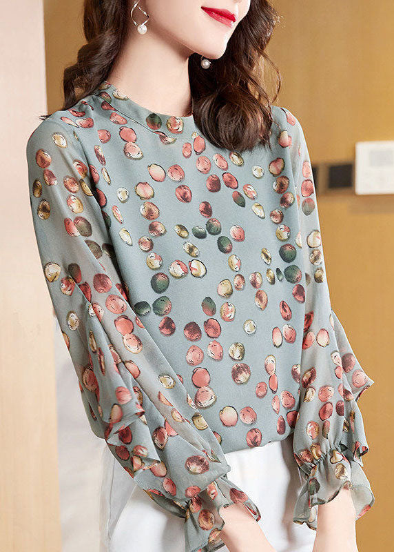Light Green O-neck Asymmetrical Print Chiffon Shirt Top Spring