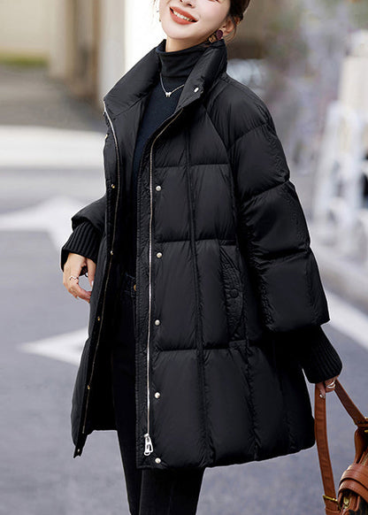 Black Stand Collar Drawstring Duck Down Puffer Jacket Winter