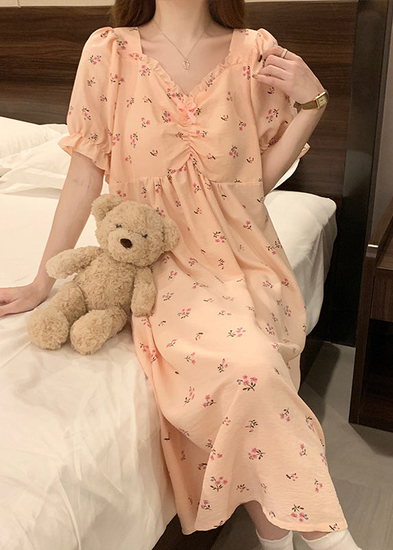 Pink V Neck Wrinkled Print Cotton Pajamas Long Dress Summer