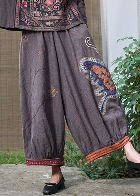 Purple Retro Embroideried Oriental Lantern Fall Pants Trousers