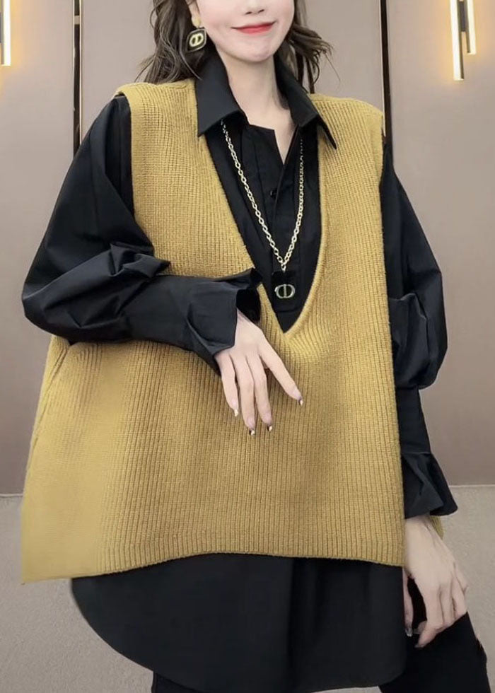 Modern V Neck Yellow Knit Waistcoat and Shirts Two Pieces Set Long Sleeve