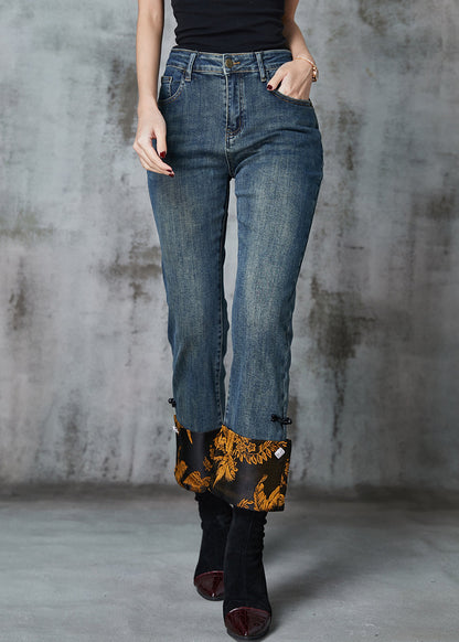 Navy Patchwork Jacquard Denim Straight Pants Spring