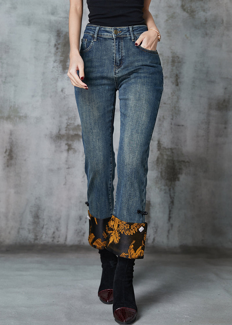 Navy Patchwork Jacquard Denim Straight Pants Spring