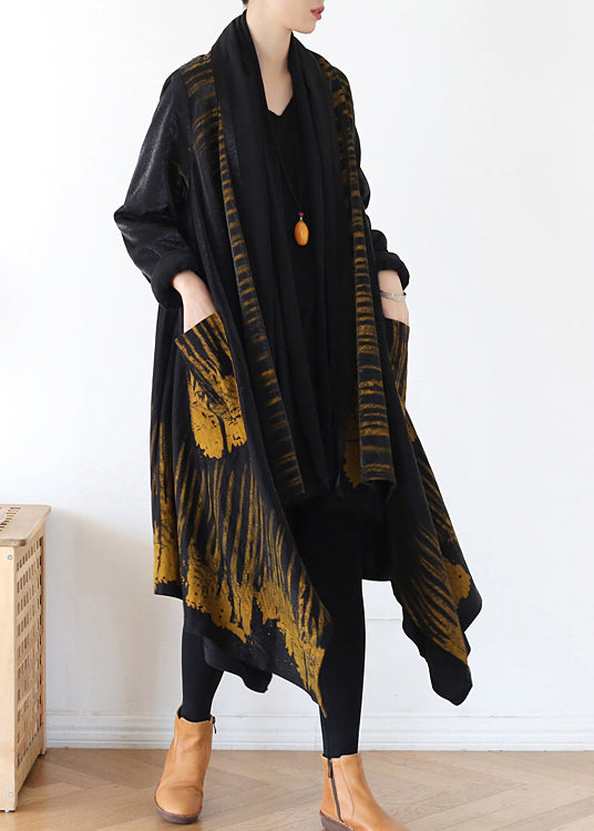 Style Yellow Asymmetrical Print Trench Coats Long Sleeve