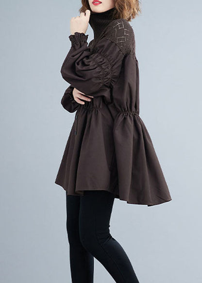 Chocolate Button Patchwork Lantern Sleeve Knit Blouses