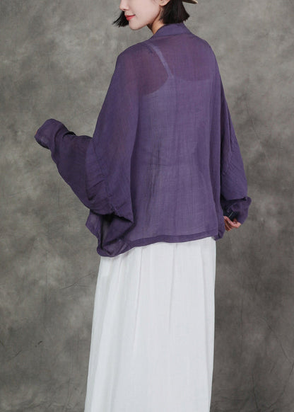 New Original Purple V Neck Linen Cardigan Bat Sleeves