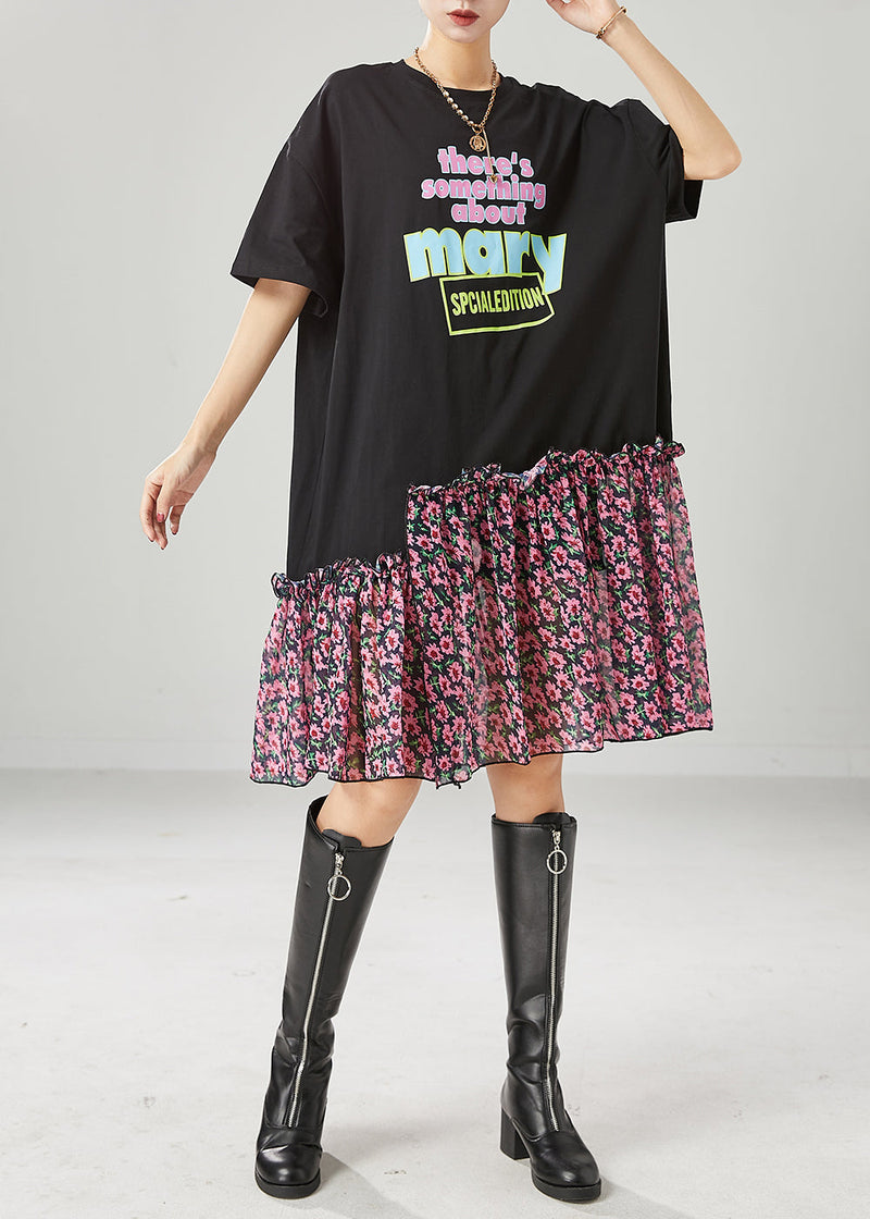 Black Ruffled Patchwork Letter Print Cotton Robe Dresses Summer