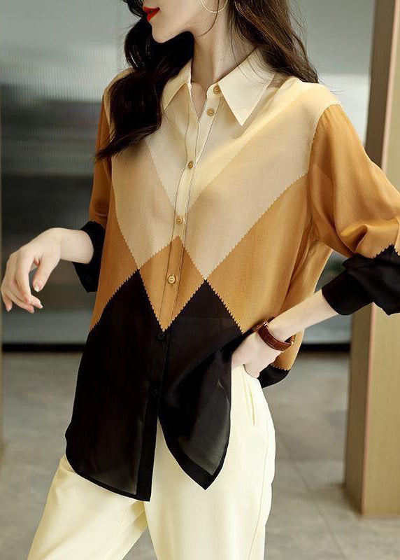 Colorblock Peter Pan Collar Button Chiffon Blouses Spring