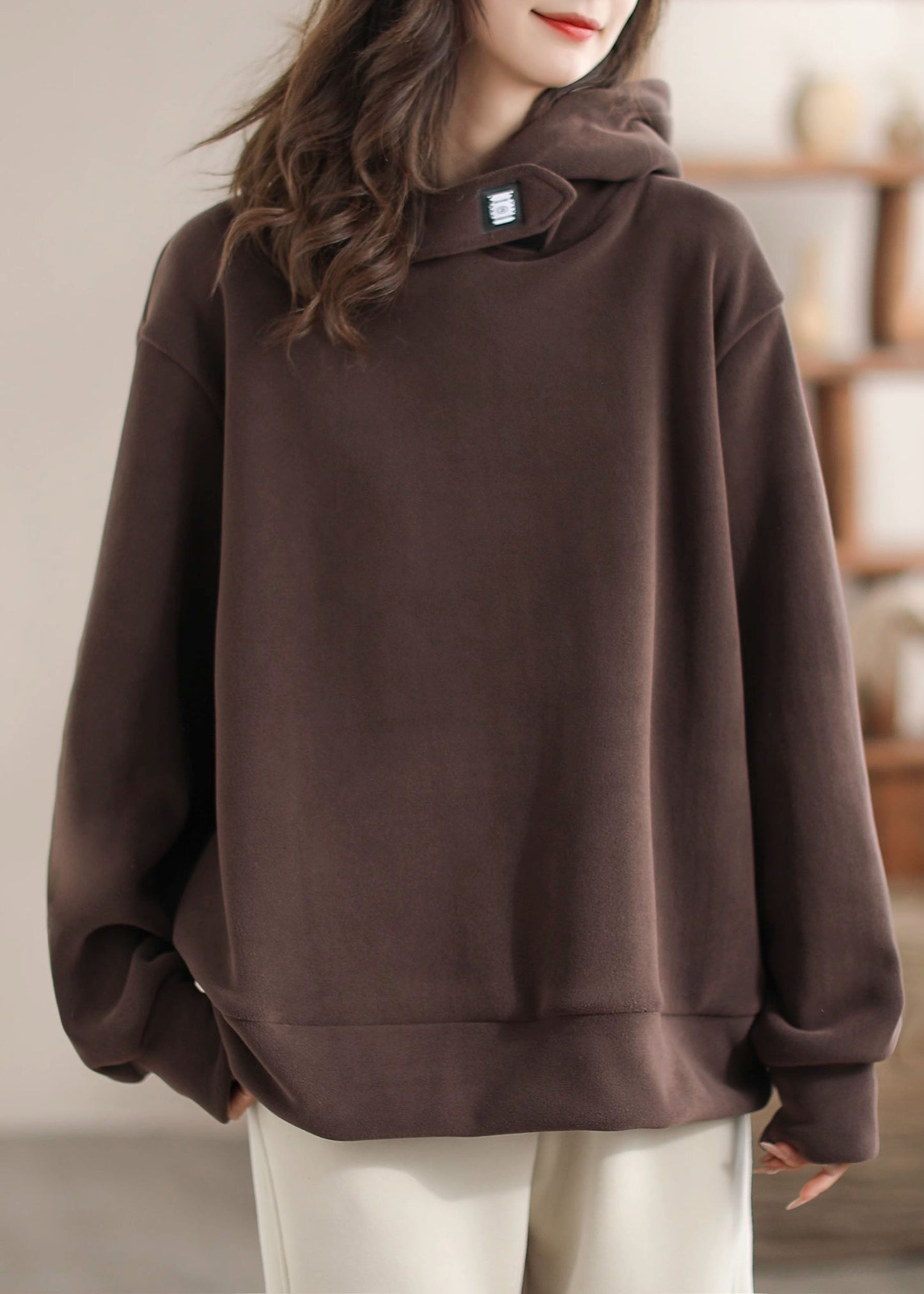 Loose Red Faux Suede Hooded Sweatshirt Spring