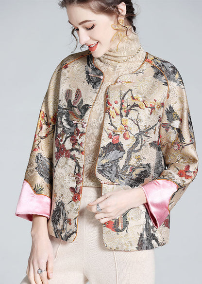 Diy Apricot O-neck Embroideried Patchwork Chinese Button Silk Coats Spring