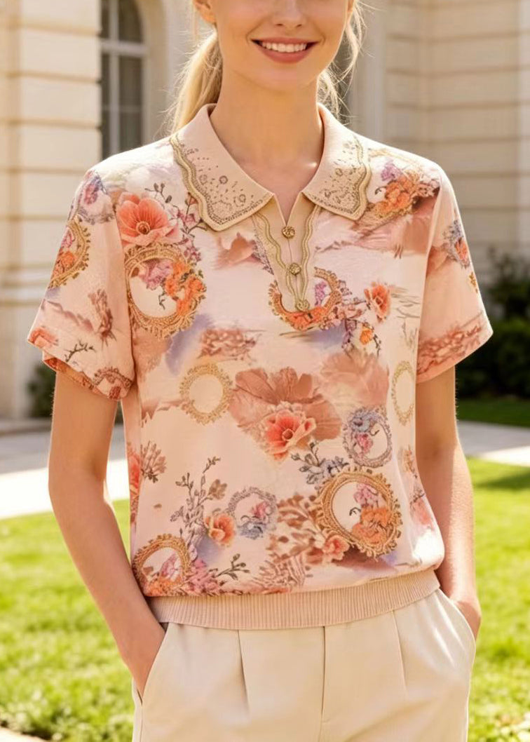 Apricot Peter Pan Collar Print Cotton Shirts Summer