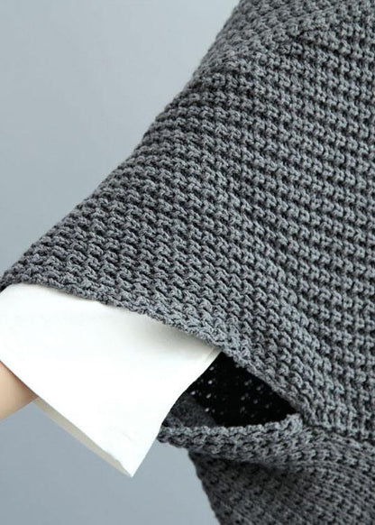 Dark Gray Bat Wing Sleeve Pockets Fall Knitwear Coat