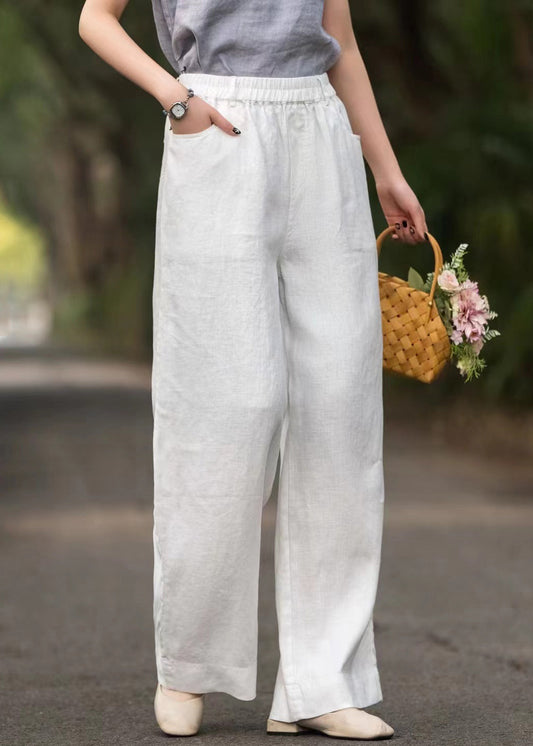 French White Elastic Waist Loose Linen Wide Leg Pants
