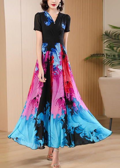 Black V Neck Print High Waist Chiffon Maxi Dresses Summer