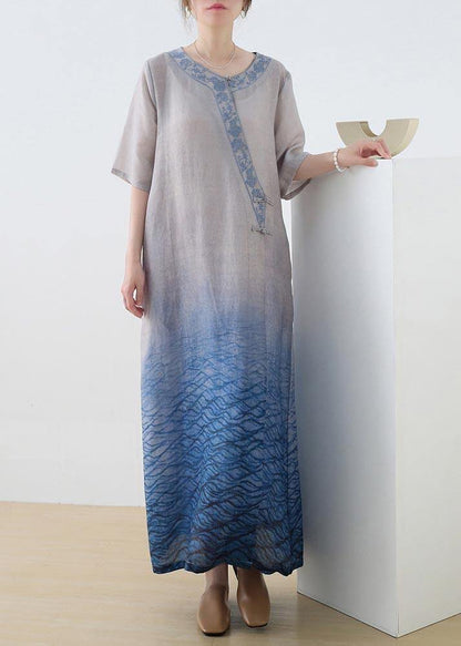 Blue Print Embroidery Oriental Mid Summer Linen Dress