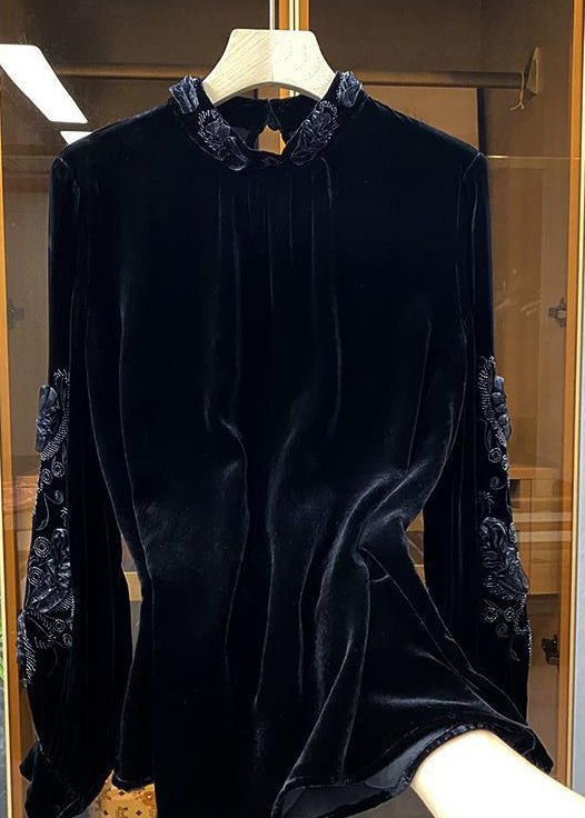 Pink Stand Collar Embroideried Velour Top Long Sleeve
