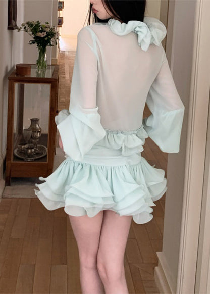 Slim Fit Light Green V Neck Ruffled Chiffon Shirt and Skirts Two Pieces Set Fall