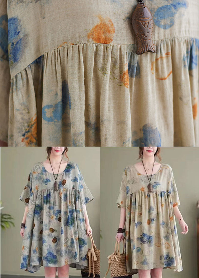 Boutique Lake Blue O-neck Wrinkled Print Linen Maxi Dresses Short Sleeve