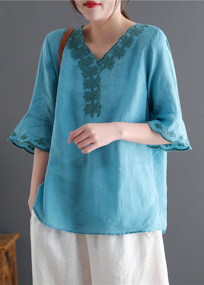 Lake Blue V Neck Embroideried Linen Tops Flare Sleeve
