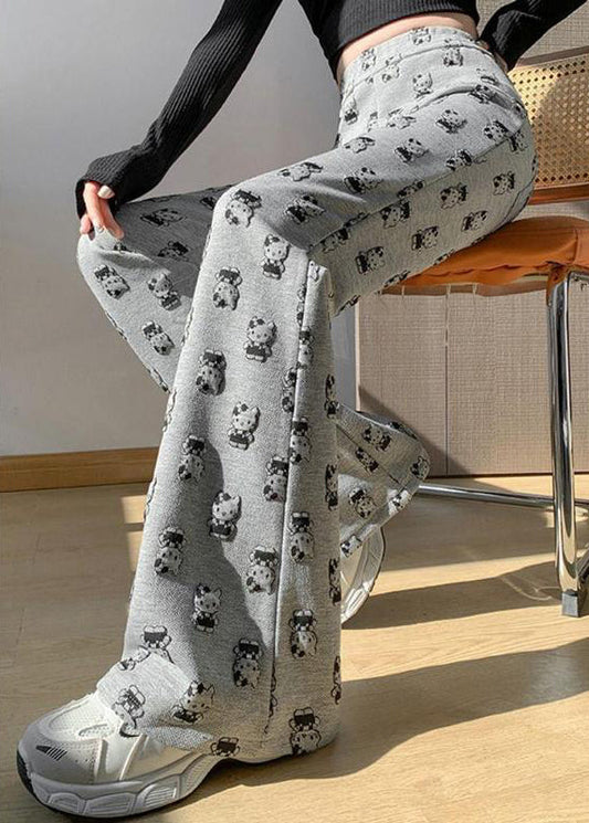 Grey High Waist Cartoon Print Cotton Flared Trousers Spring