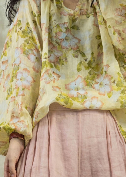 Yellow O Neck Print Linen Shirt Tops Lantern Sleeve