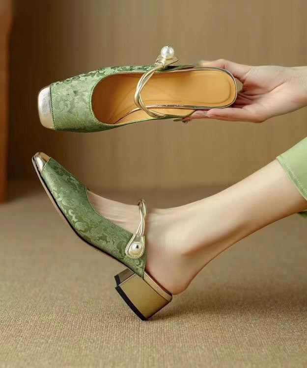 Green Print Chunky Cowhide Leather Slide Sandals