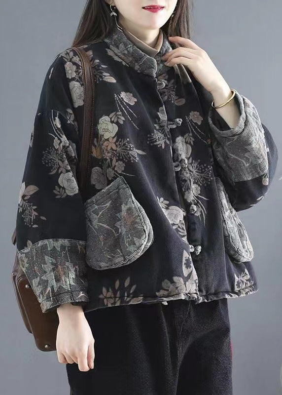 Black Pockets Print Denim Warm Fleece Coats Winter