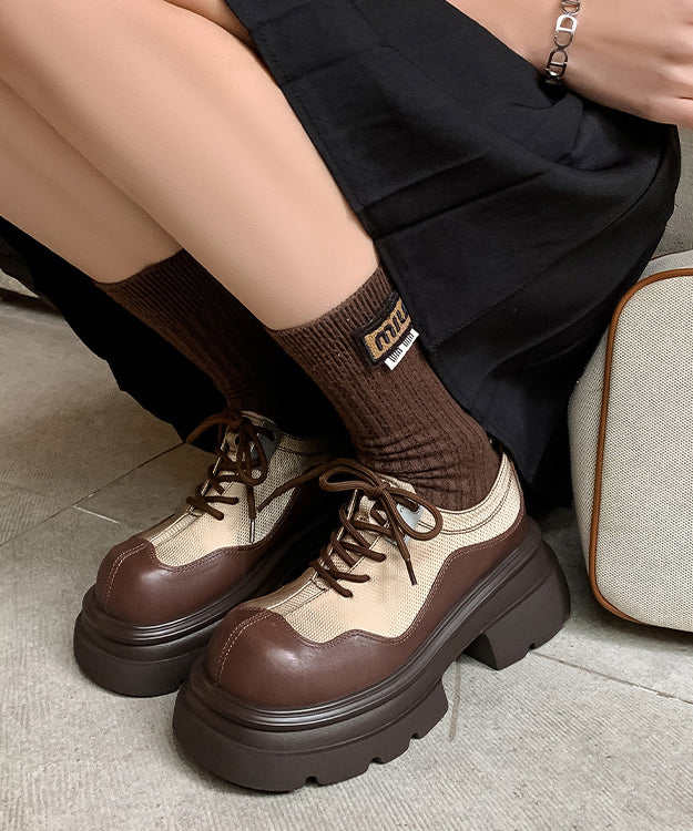 Brown Splicing Platform Loafers for Lace Up
