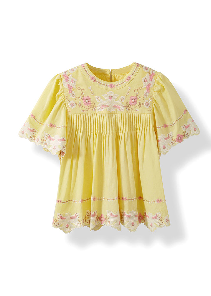 Yellow Embroidered Puff Sleeve Cotton Shirt Summer