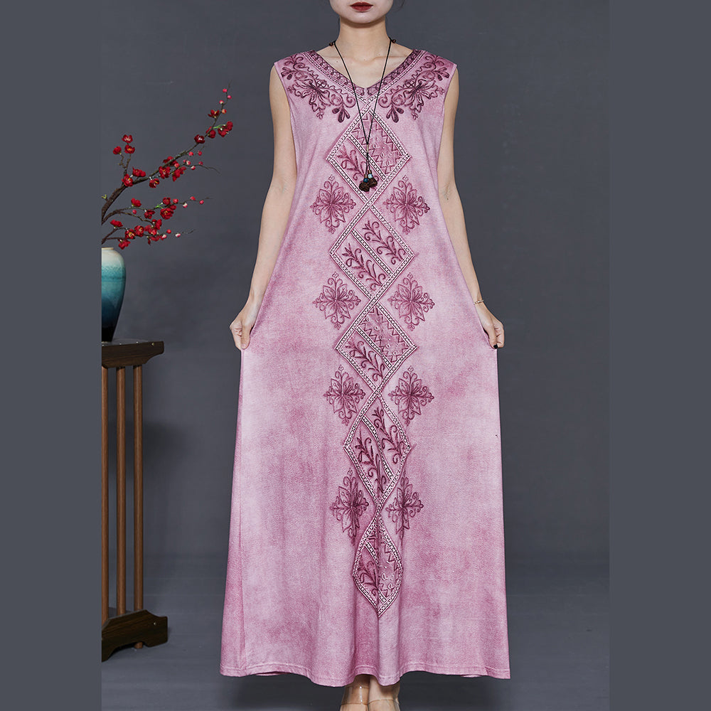 Purple Embroidered Tie Dye Cotton Dress Sleeveless