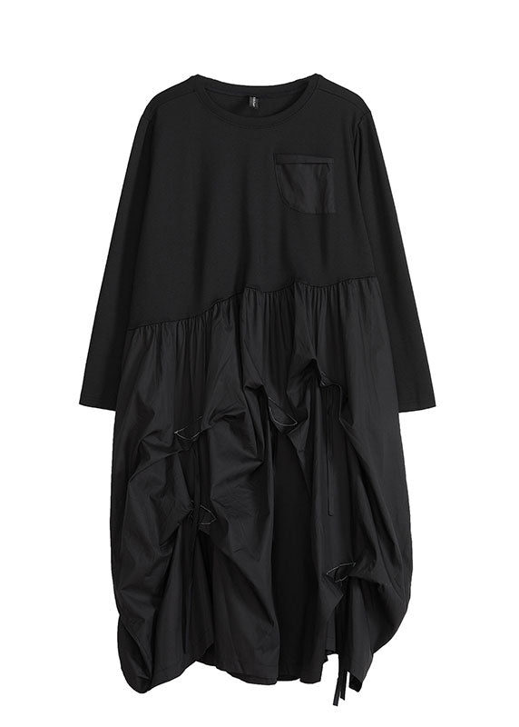 Black O-neck Wrinkled Patchwork Maxi Lantern Dresses Long Sleeve