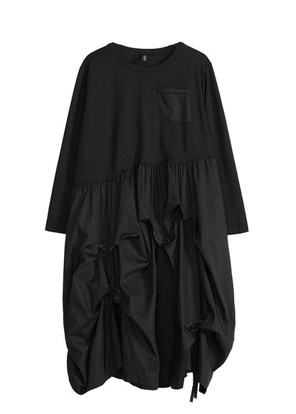 Black O-neck Wrinkled Patchwork Maxi Lantern Dresses Long Sleeve