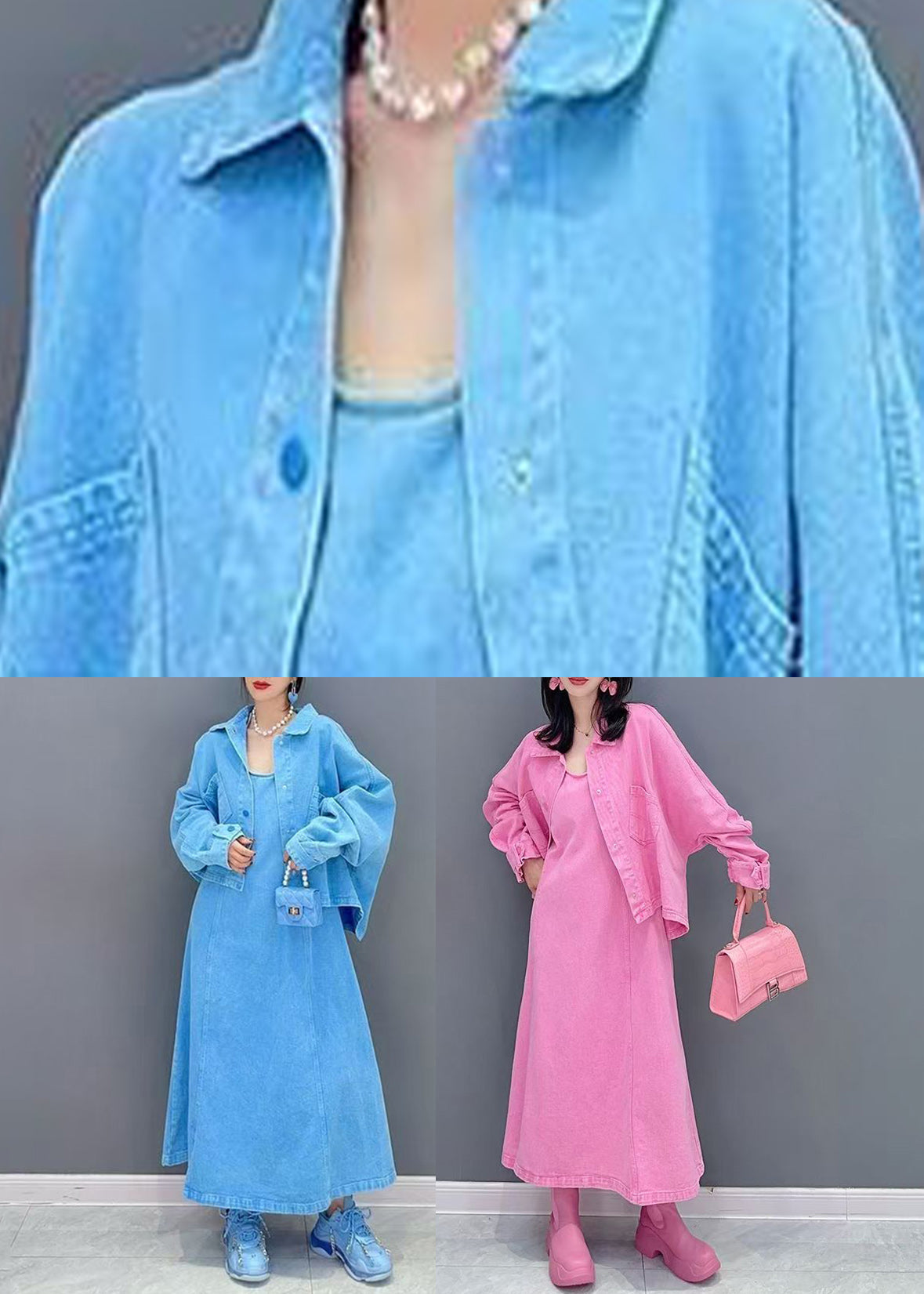 Blue Patchwork Button Coats and Maxi Dresses Two-piece Set Fall