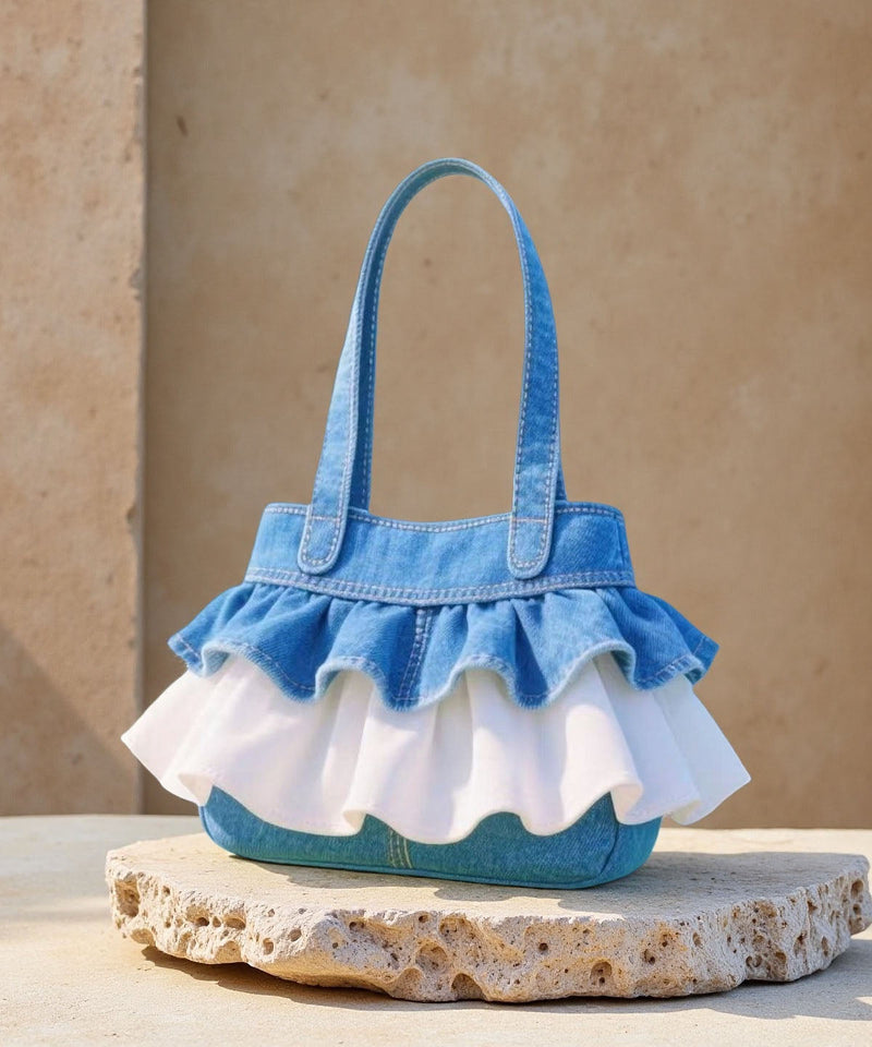Blue Ruffled Patchwork Lace Denim Handbags