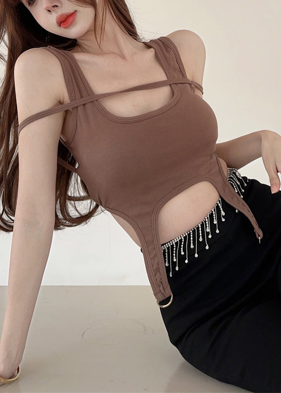 Brown Asymmetrical Design Cotton Short Vests Summer